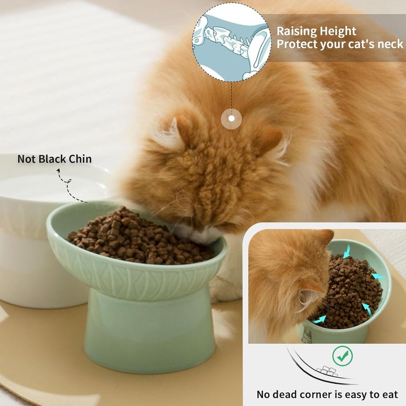 OMAYKEY 6.5 Inch Extra Wide Elevated Cat Bowls, Ceramic Raised Tilted Cat Bowl for Food and Water, Porcelain Pet Feeder Dishes for Cats & Dogs, Whisker Fatigue, White & Green - Image 4